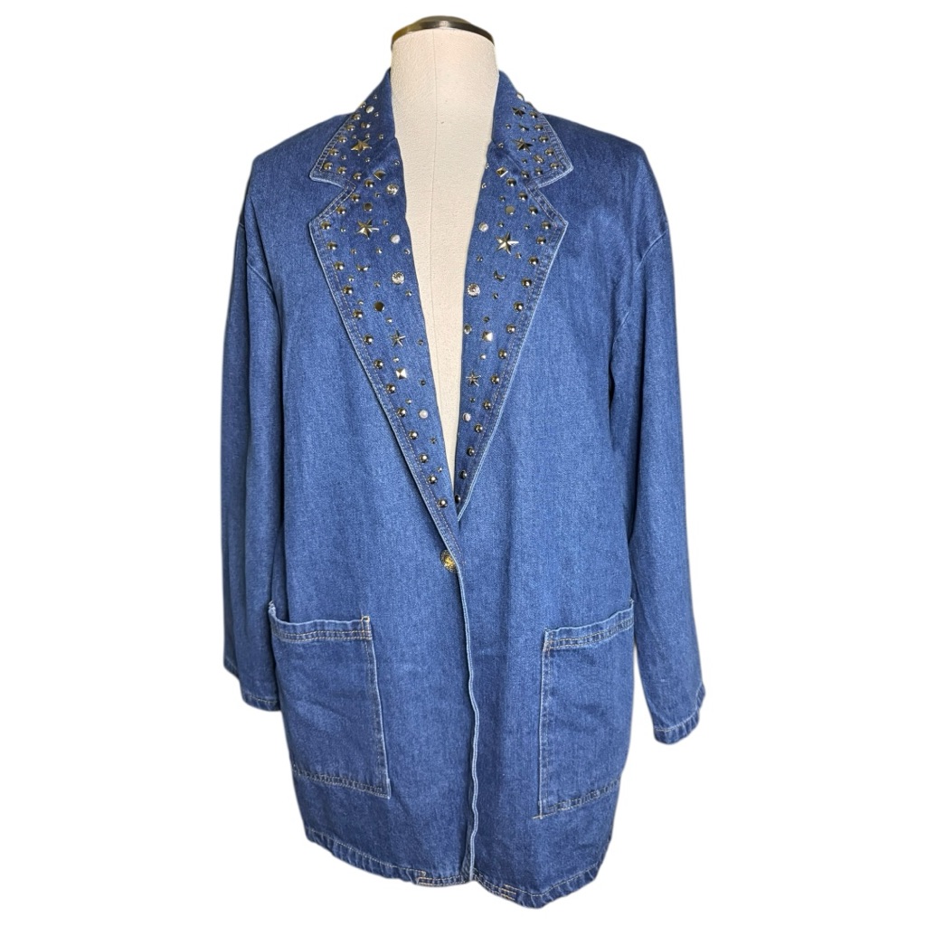 Green Field Studded Denim 90s Vintage Celestial Jacket
